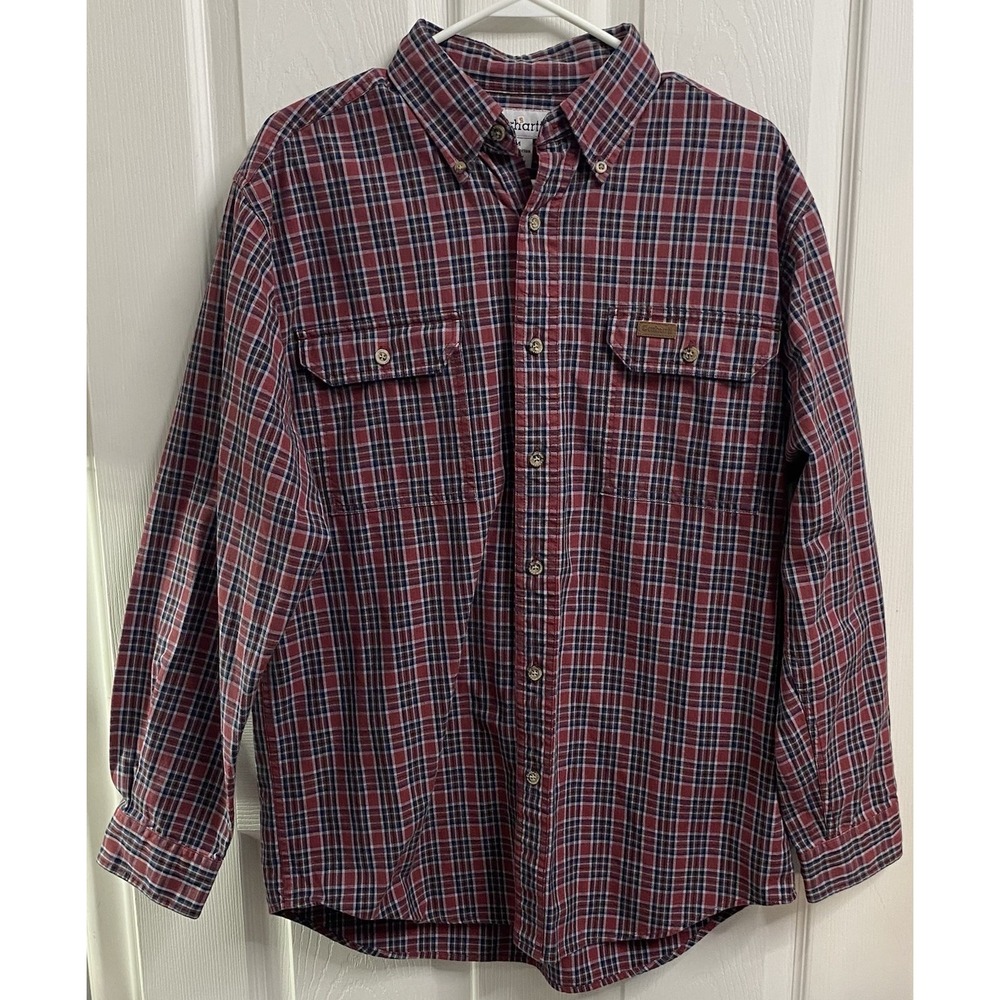 Carhartt Men Red & Blue Plaid Button Up Long Sleeve Workwear Relaxed Shirt M